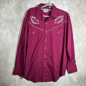Ely Diamond Western Shirt Mens XL Burgundy Red Pearl Snap Long‎ Sleeves Cowboy